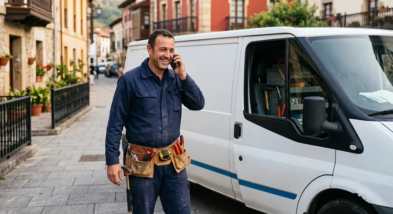 Profesional de servicios respondiendo la llamada de un cliente junto a su furgoneta de trabajo