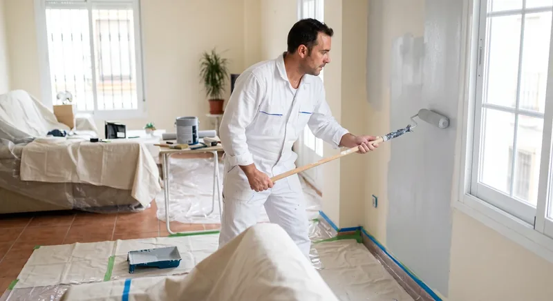Pintor profesional pintando una pared interior con rodillo