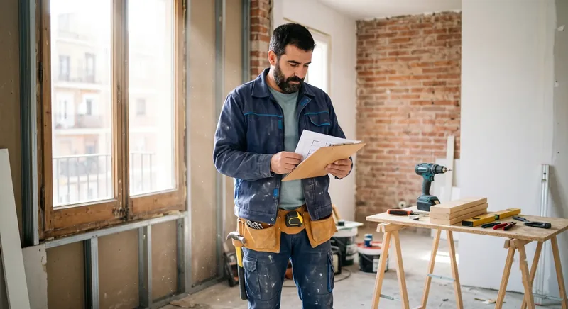 Profesional de reformas revisando una obra en una vivienda